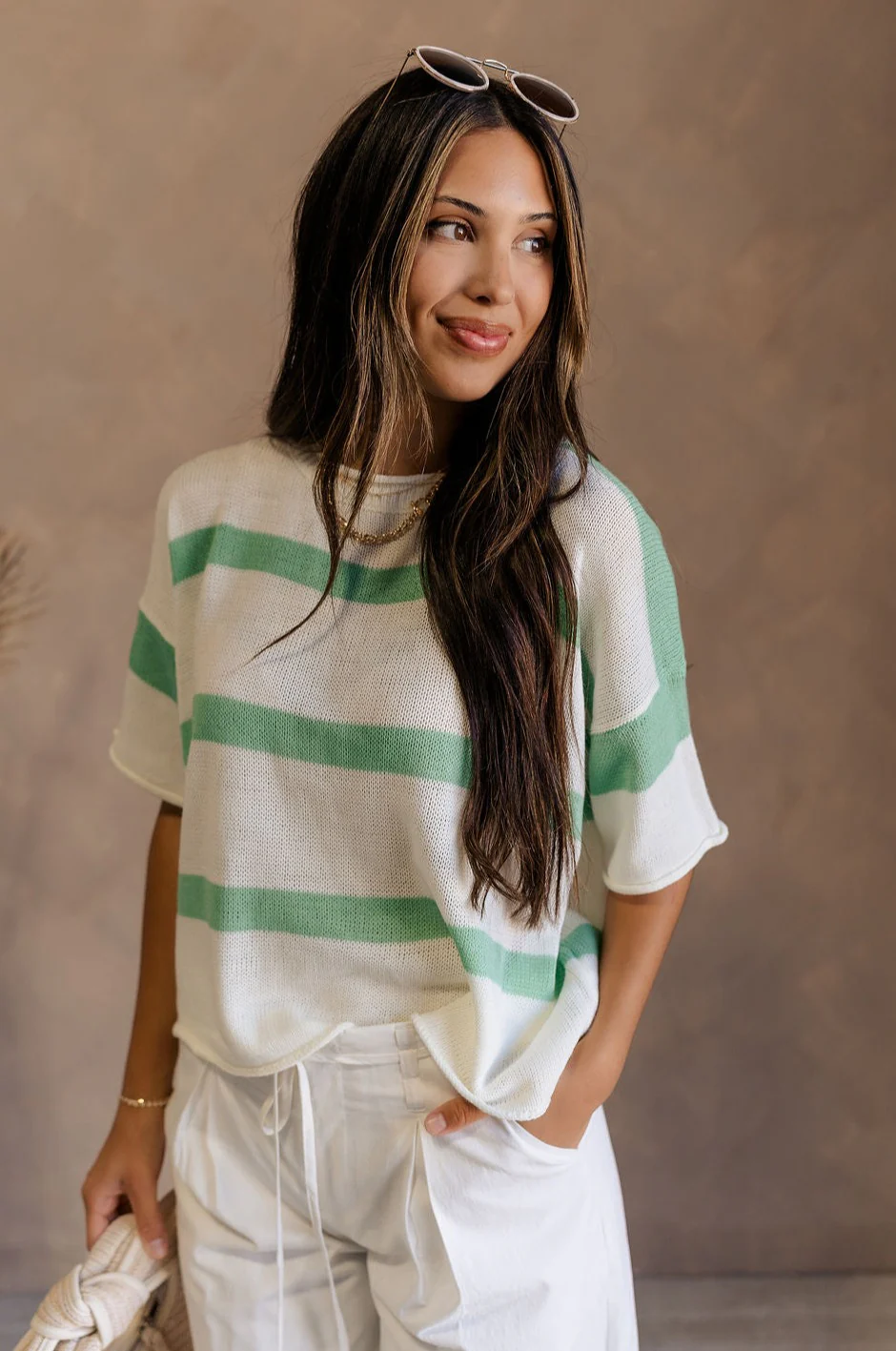 Camila Green & White Stripe Short Sleeve Top - Image 2