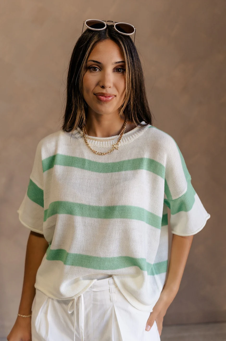 Camila Green & White Stripe Short Sleeve Top - Image 3
