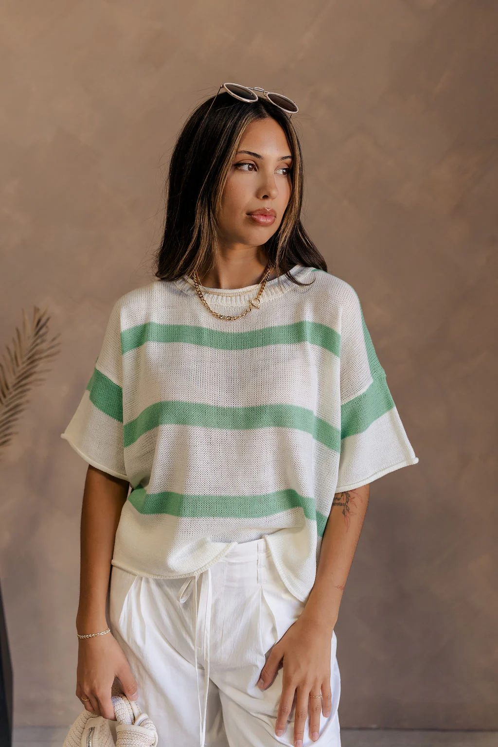 Camila Green & White Stripe Short Sleeve Top - Image 4
