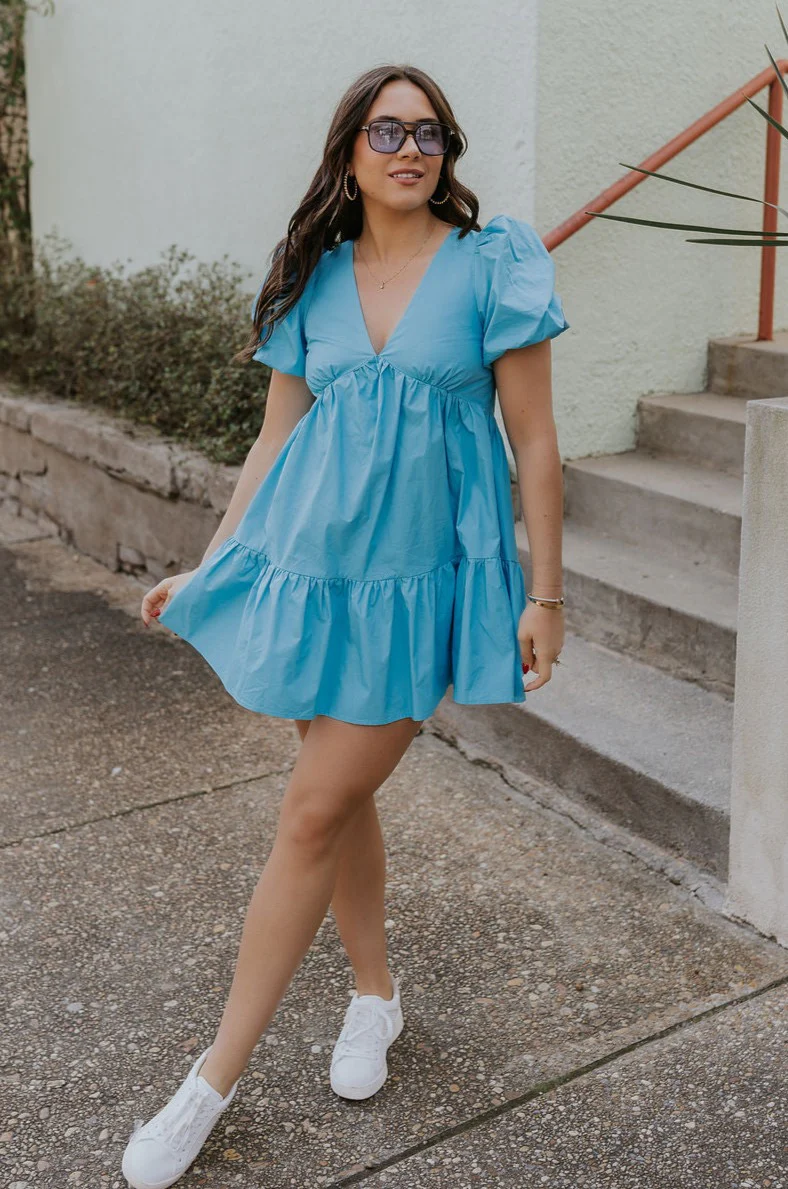 Stephanie Light Blue Short Puff Sleeve Mini Dress