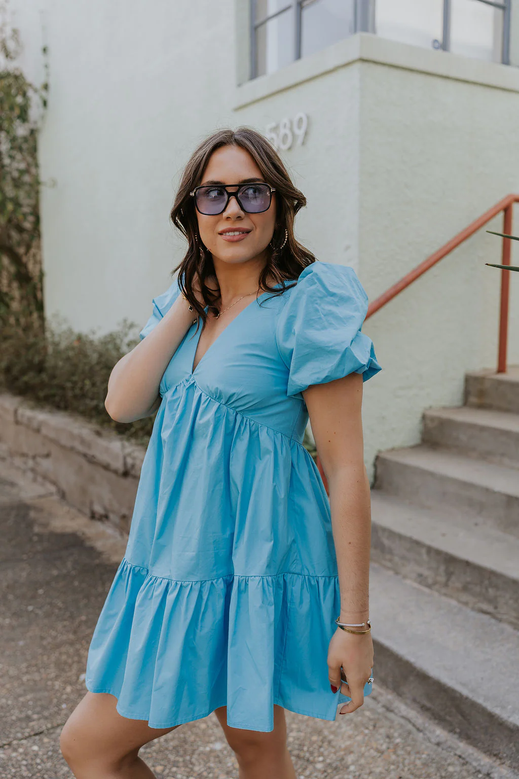 Stephanie Light Blue Short Puff Sleeve Mini Dress - Image 5