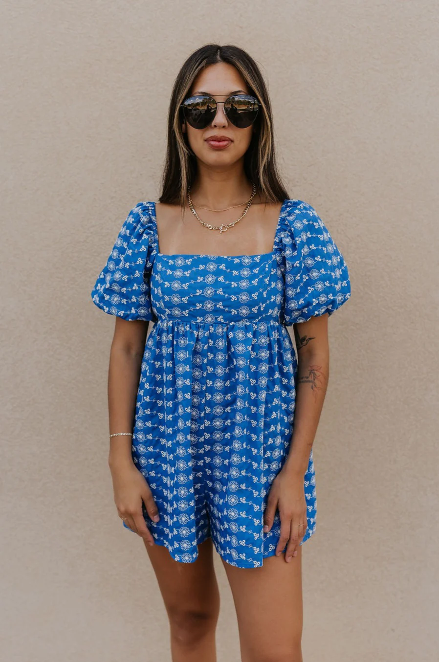 Marissa Blue and White Floral Short Sleeve Romper - Image 8