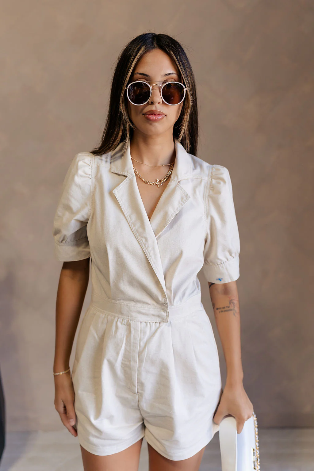 Kristin Oatmeal Linen Short Sleeve Romper - Image 5