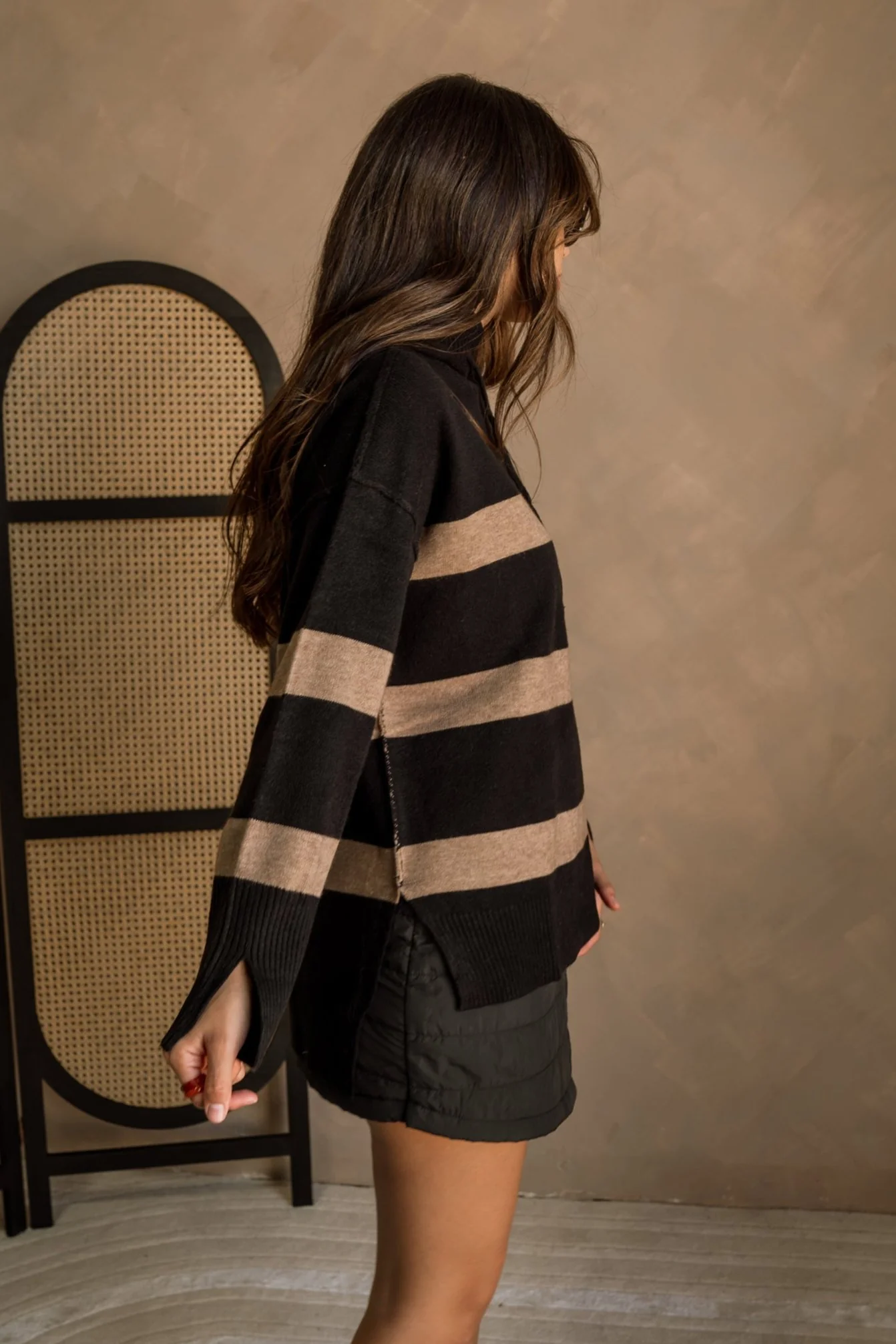 Abigail Black & Taupe Striped Hoodie Sweater - Image 3