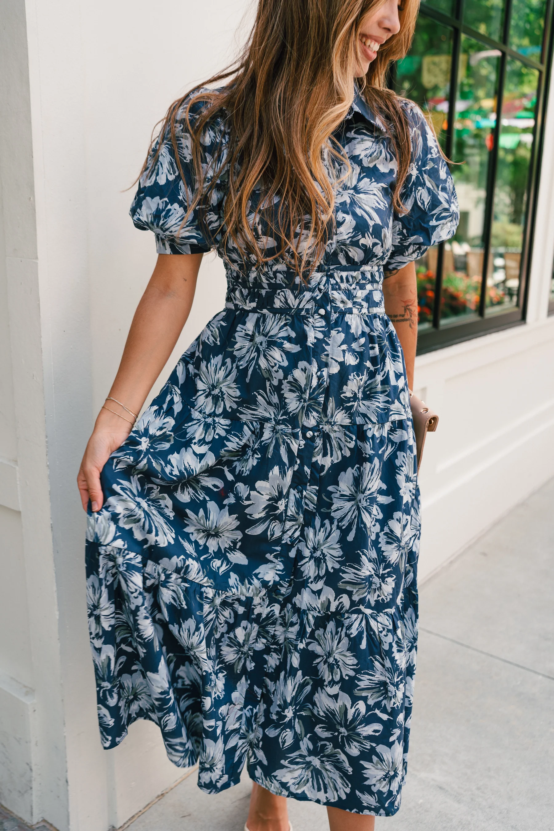 Abigail Blue Floral Short Sleeve Midi Dress