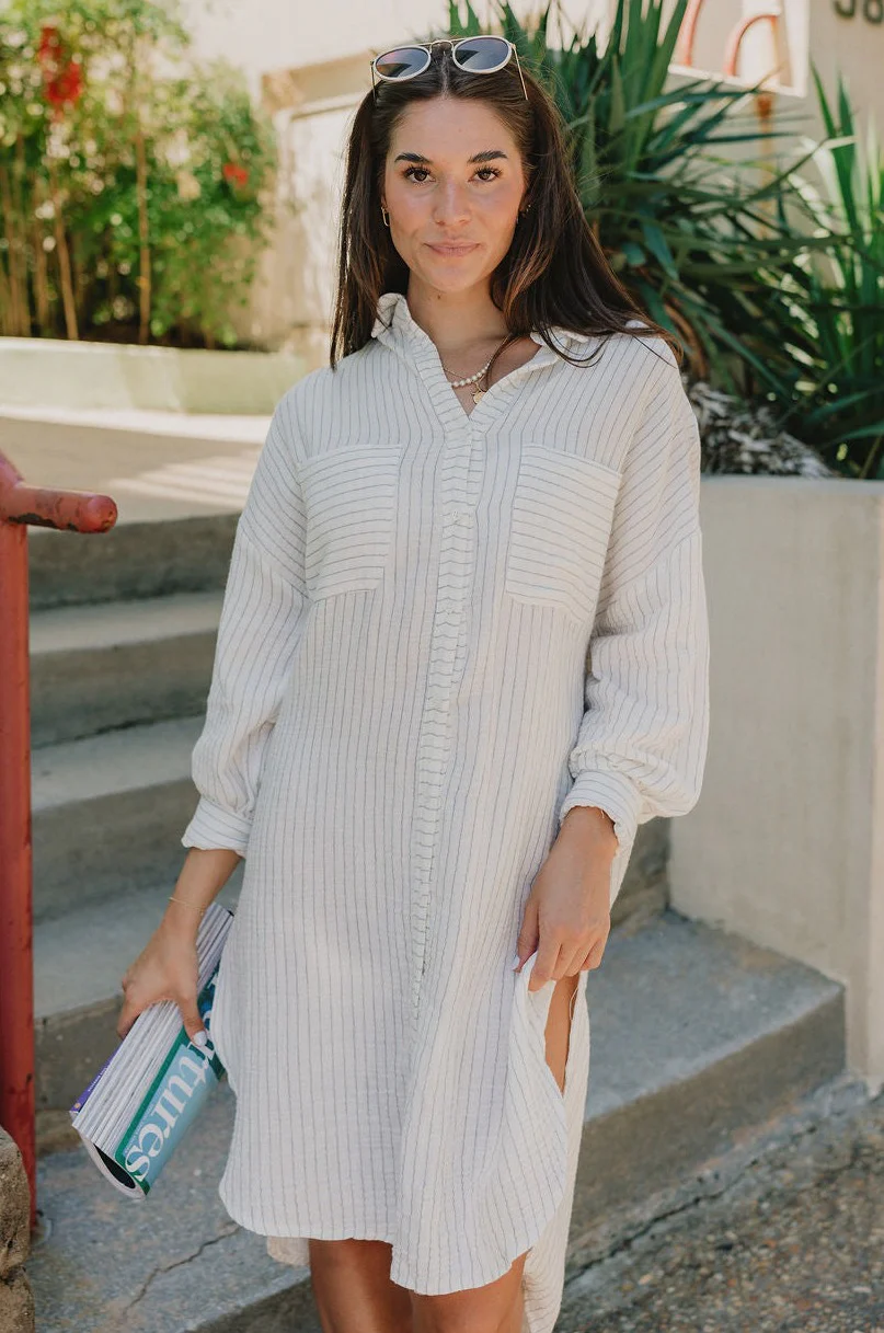 Abigail Off White & Blue Stripe Button-Up Dress - Image 2