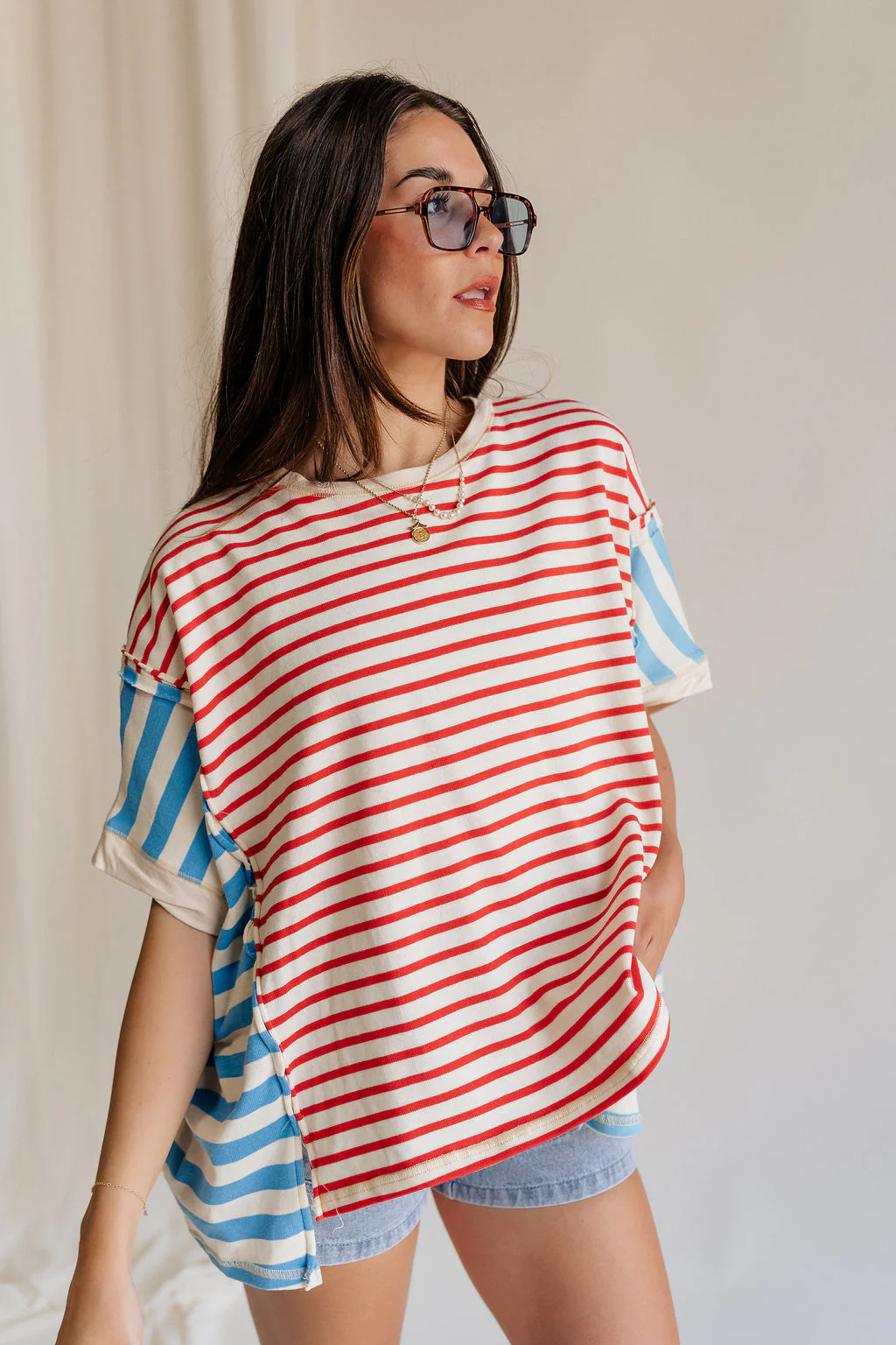 Abigail Red, Cream, & Blue Striped Top