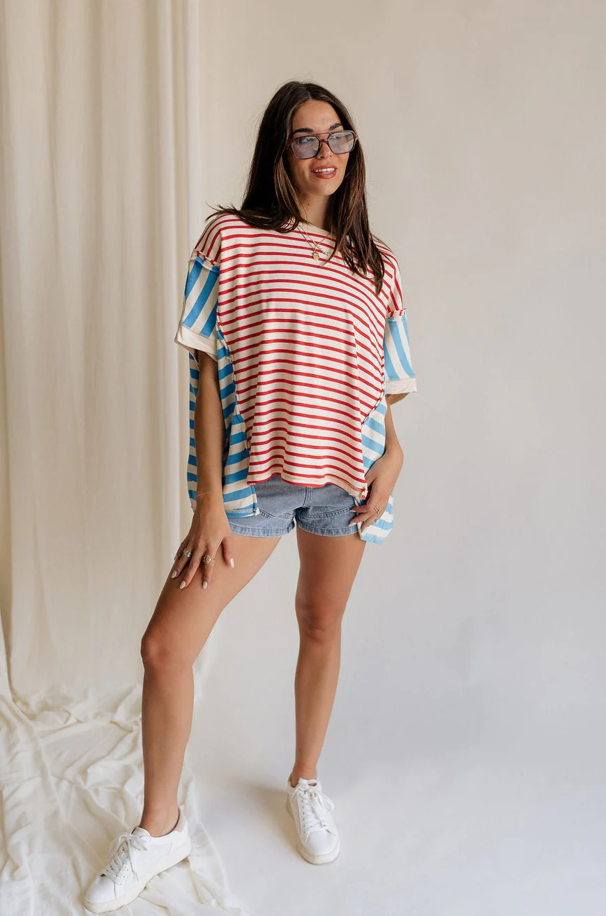 Abigail Red, Cream, & Blue Striped Top - Image 3