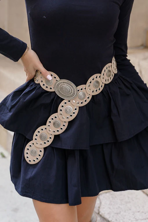 Ada Beige & Silver Oval Buckle Boho Belt