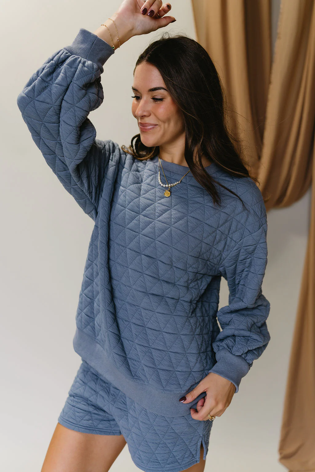 Ada Dusty Blue Quilt Long Sleeve Sweatshirt