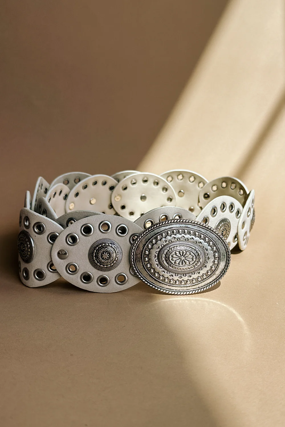 Ada White & Silver Oval Buckle Boho Belt