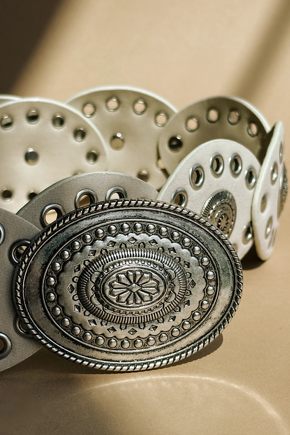 Ada White & Silver Oval Buckle Boho Belt - Image 5