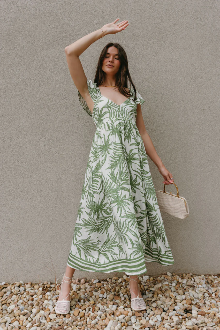 Adaline Green & White Palm Leaf Midi Dress