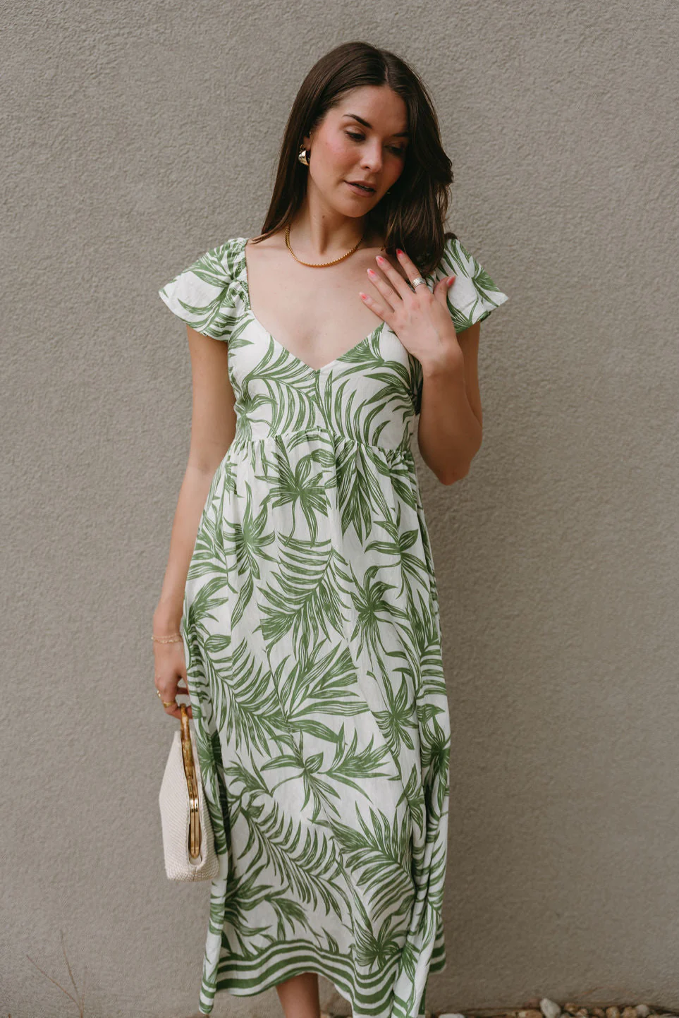 Adaline Green & White Palm Leaf Midi Dress - Image 2