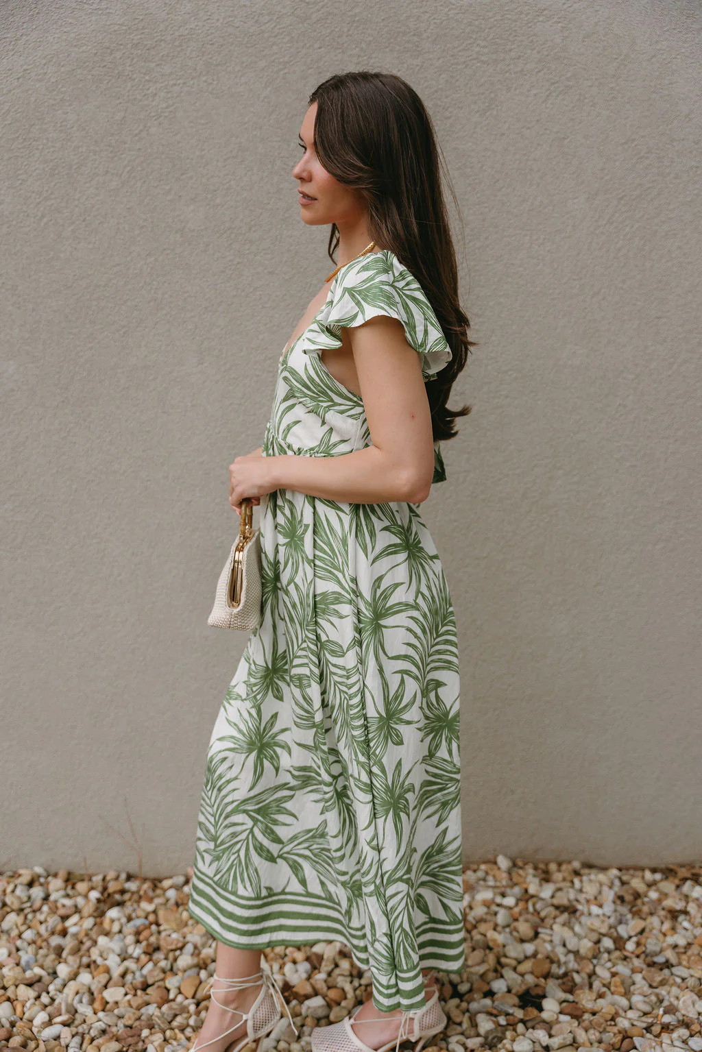Adaline Green & White Palm Leaf Midi Dress - Image 3