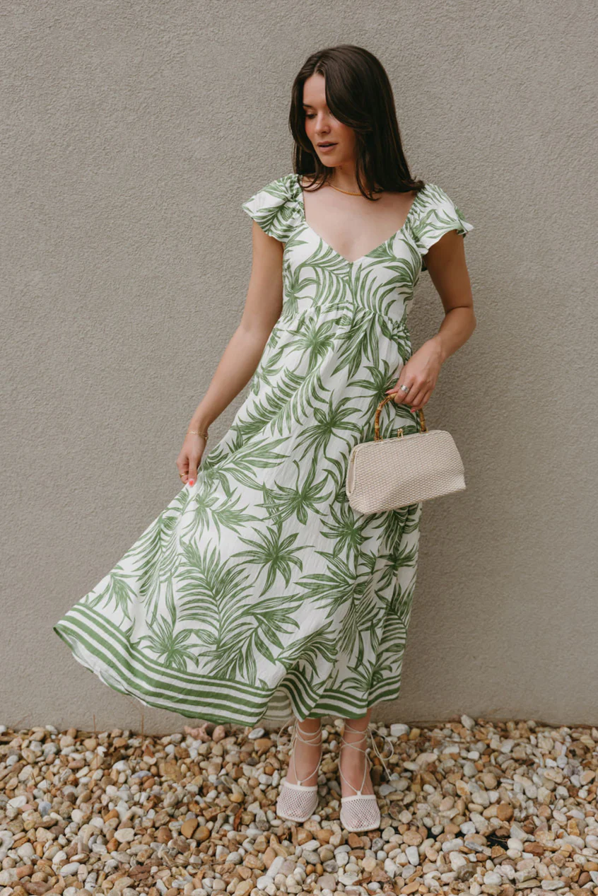 Adaline Green & White Palm Leaf Midi Dress - Image 5