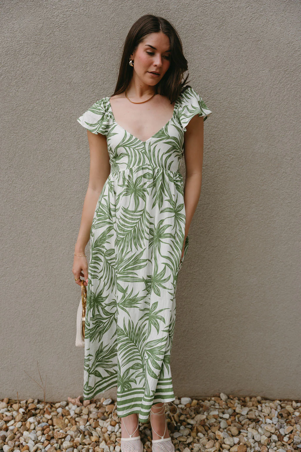 Adaline Green & White Palm Leaf Midi Dress - Image 6