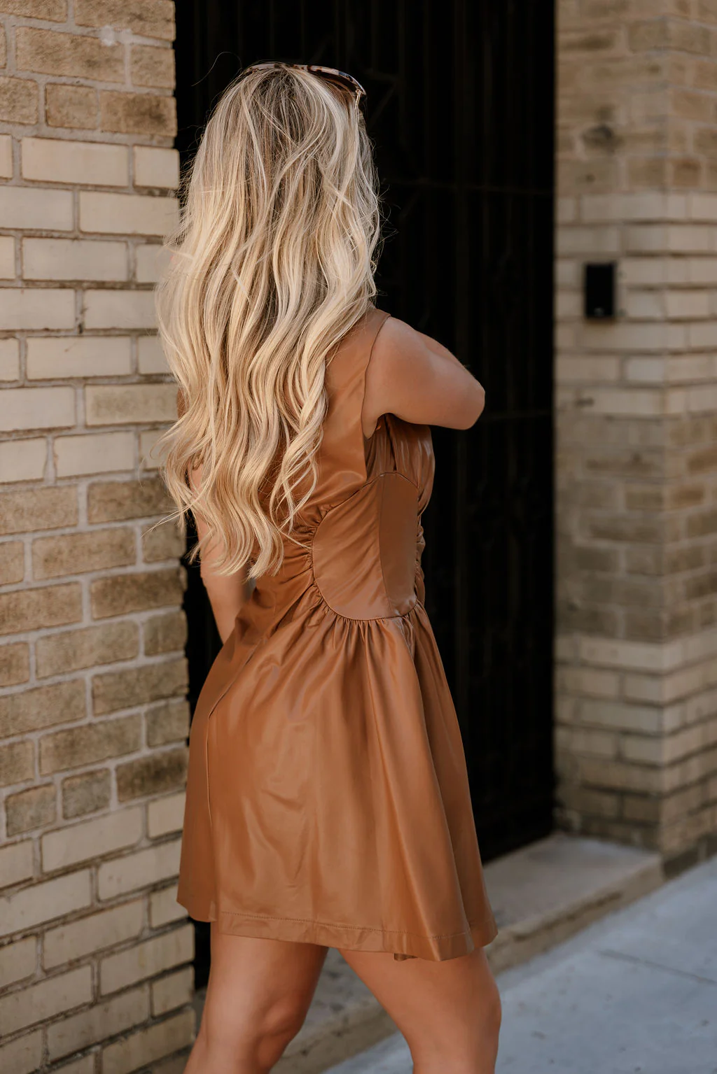 Addison Camel Leather Cinched Mini Dress - Image 8