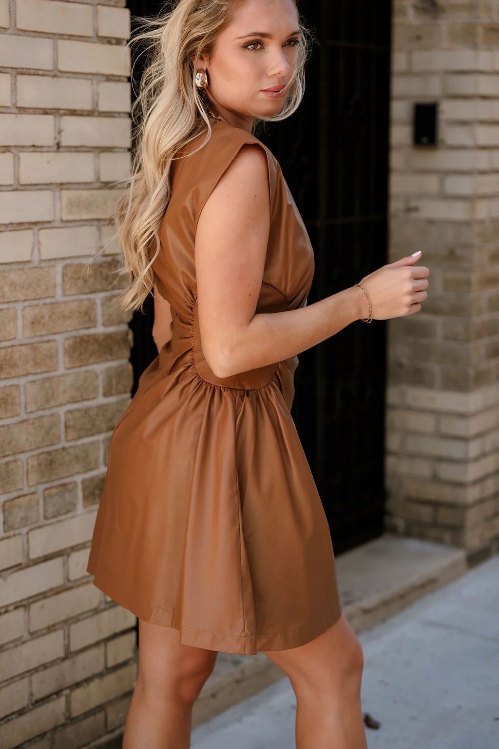 Addison Camel Leather Cinched Mini Dress - Image 9