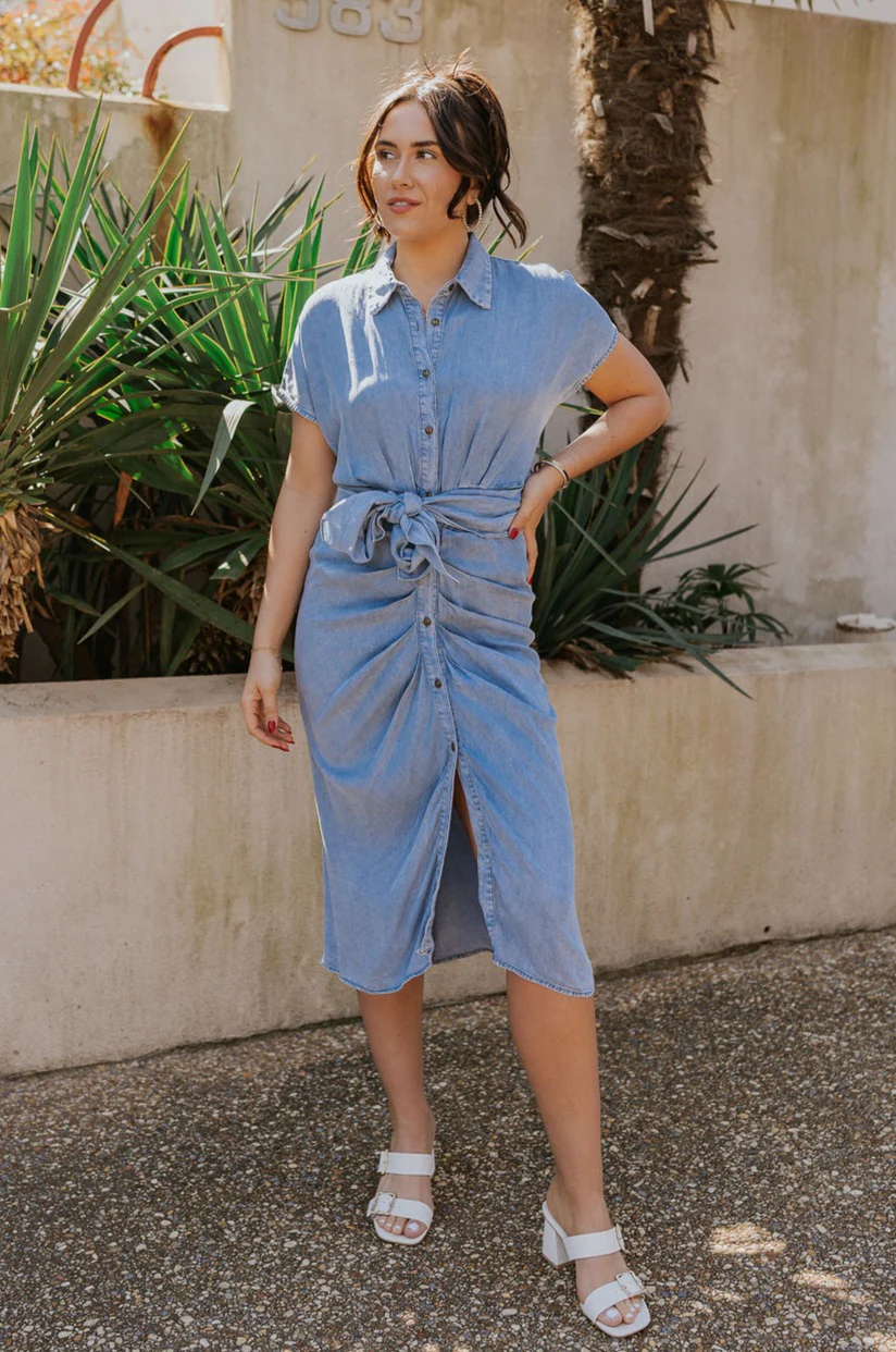 Addison Washed Denim Front Tie Midi Dress