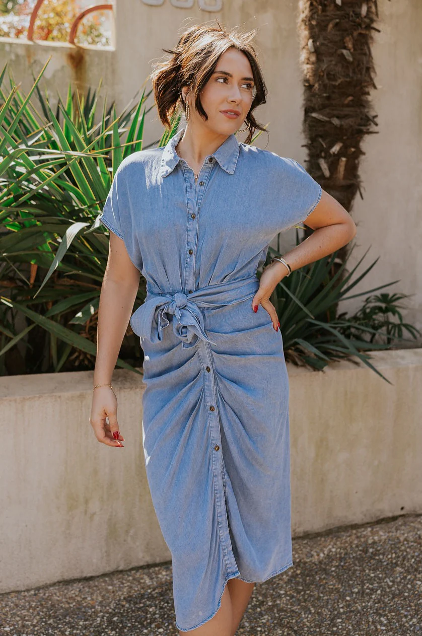 Addison Washed Denim Front Tie Midi Dress - Image 2