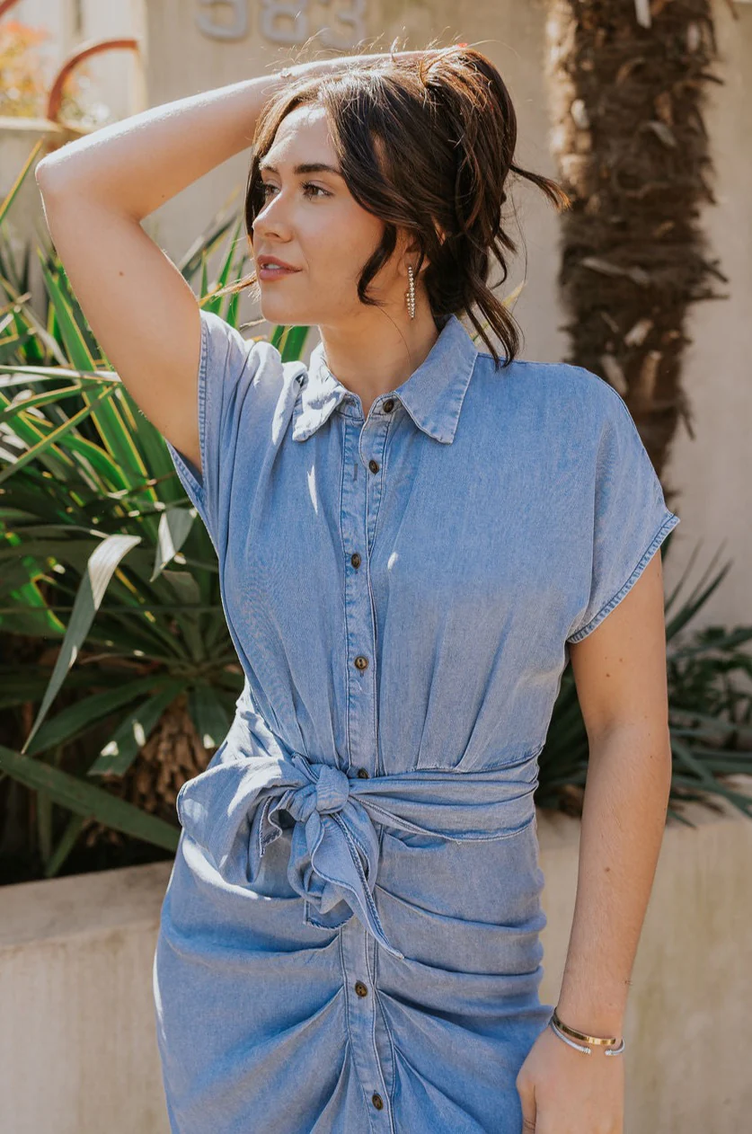 Addison Washed Denim Front Tie Midi Dress - Image 3