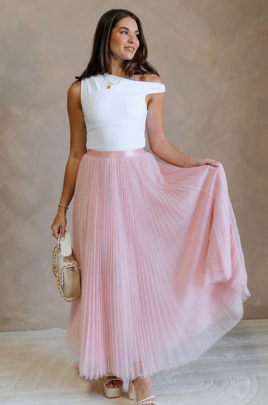Adele Dusty Pink Pleated Tulle Midi Skirt