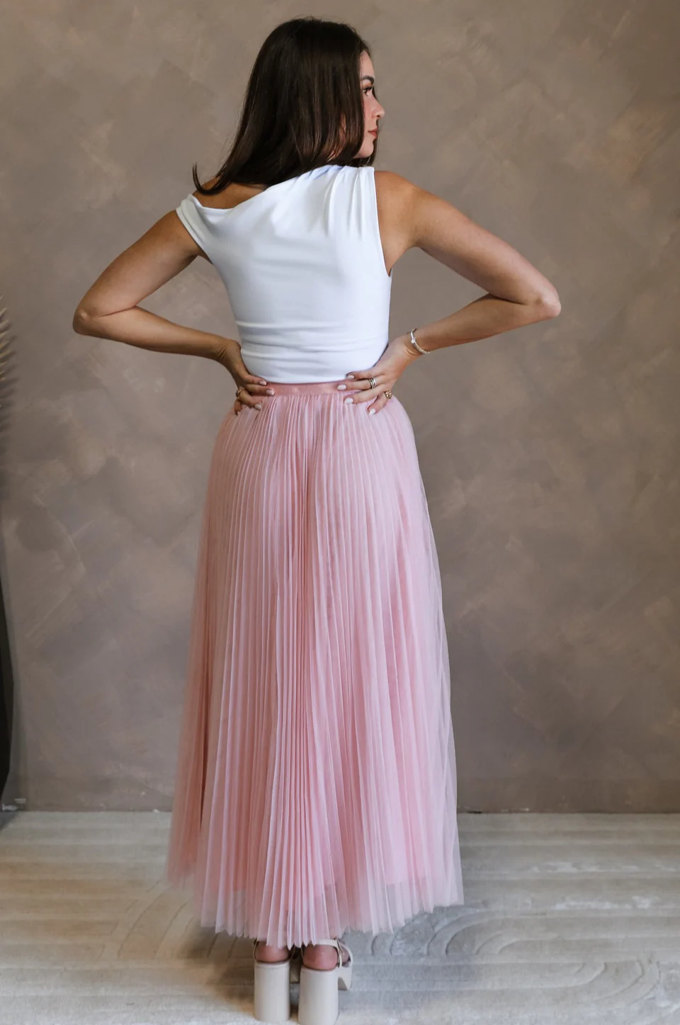 Adele Dusty Pink Pleated Tulle Midi Skirt - Image 10