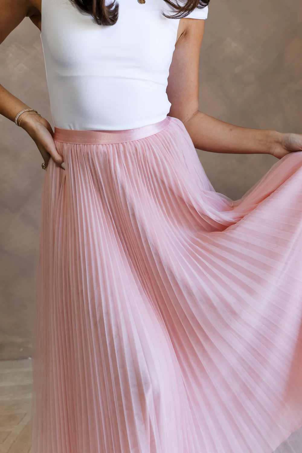 Adele Dusty Pink Pleated Tulle Midi Skirt - Image 3