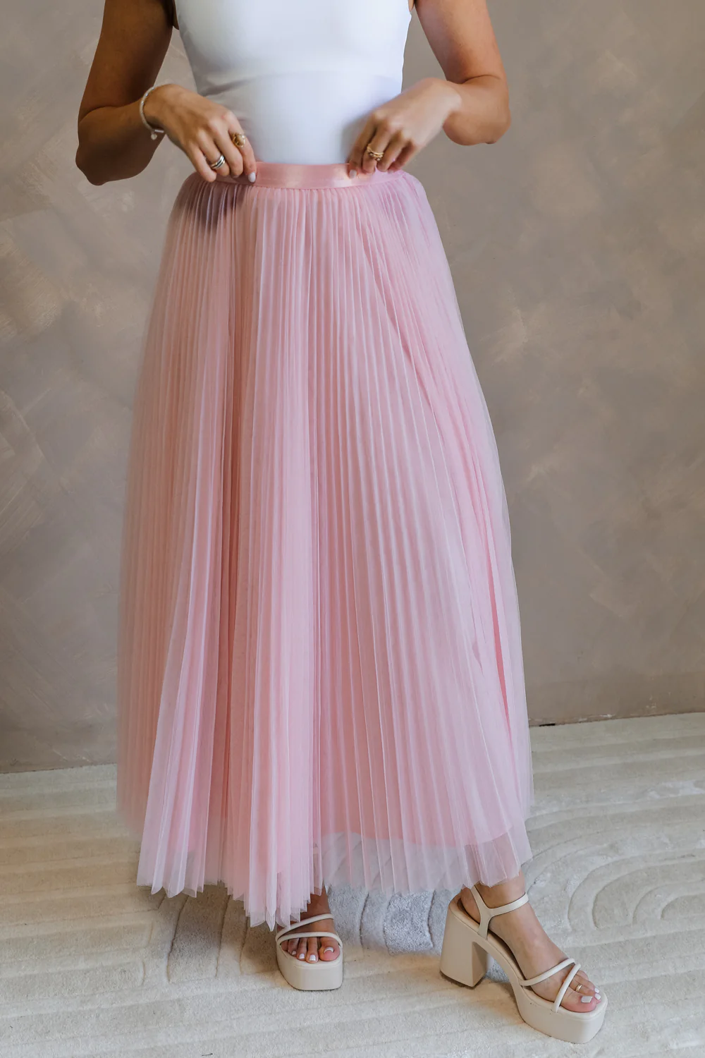 Adele Dusty Pink Pleated Tulle Midi Skirt - Image 4