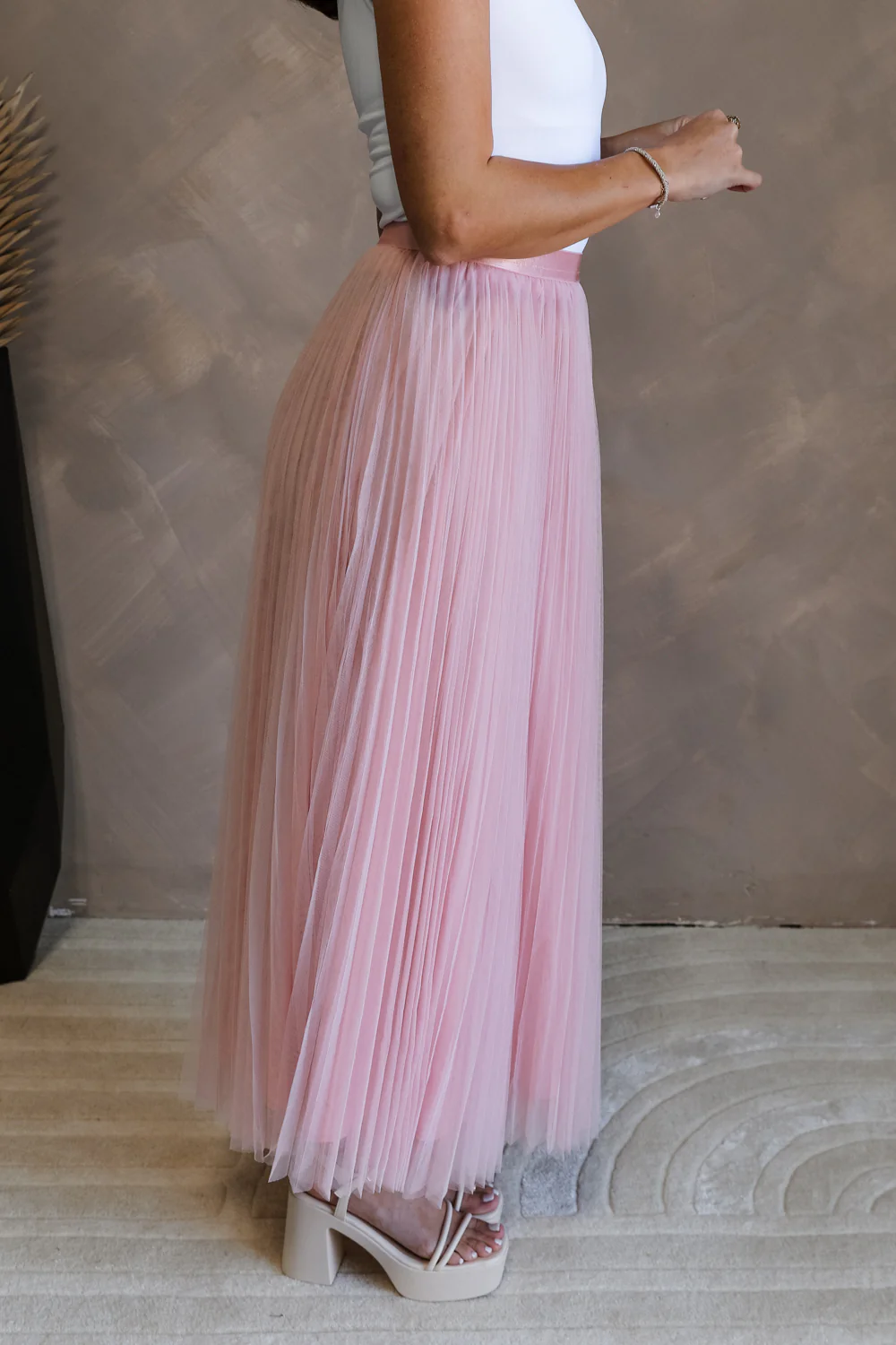 Adele Dusty Pink Pleated Tulle Midi Skirt - Image 5