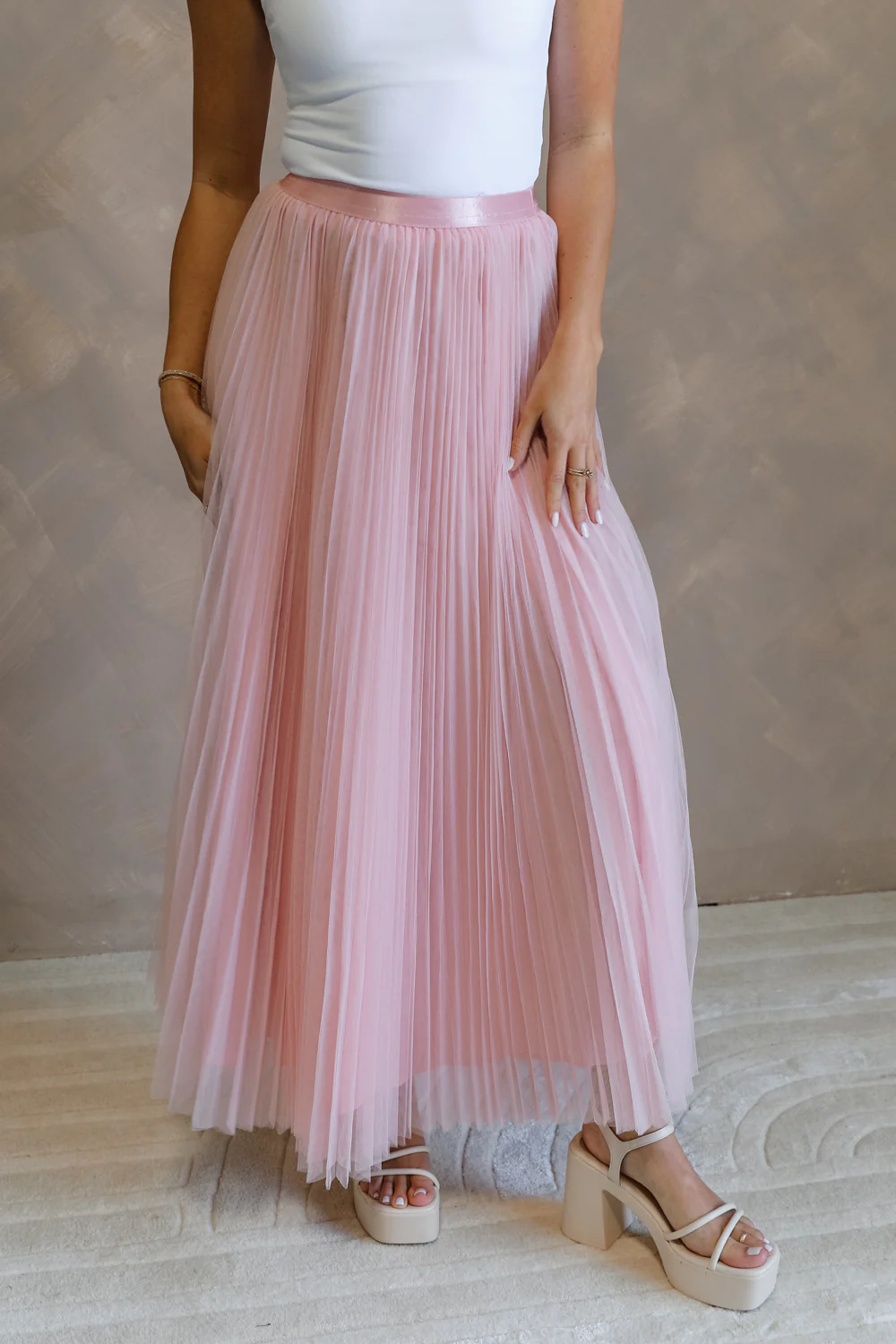 Adele Dusty Pink Pleated Tulle Midi Skirt - Image 6