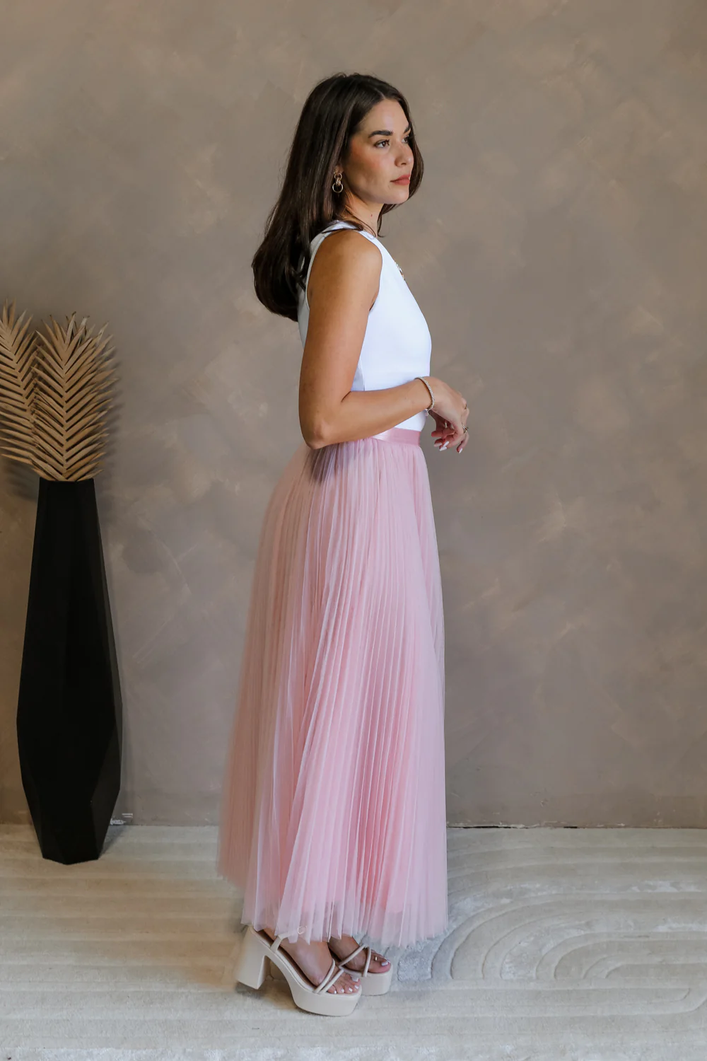 Adele Dusty Pink Pleated Tulle Midi Skirt - Image 7
