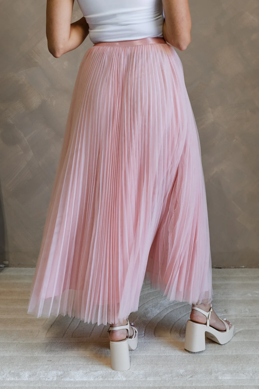 Adele Dusty Pink Pleated Tulle Midi Skirt - Image 9