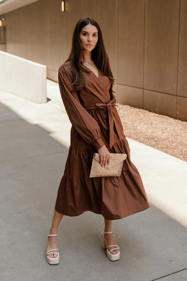 Adeline Brown Long Sleeve Midi Dress