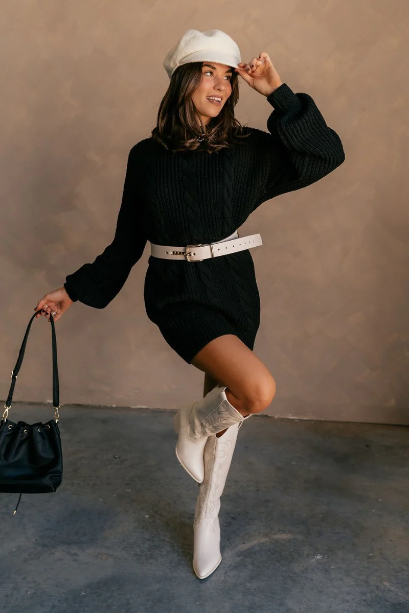 Adley Black Cable Knit Sweater Dress