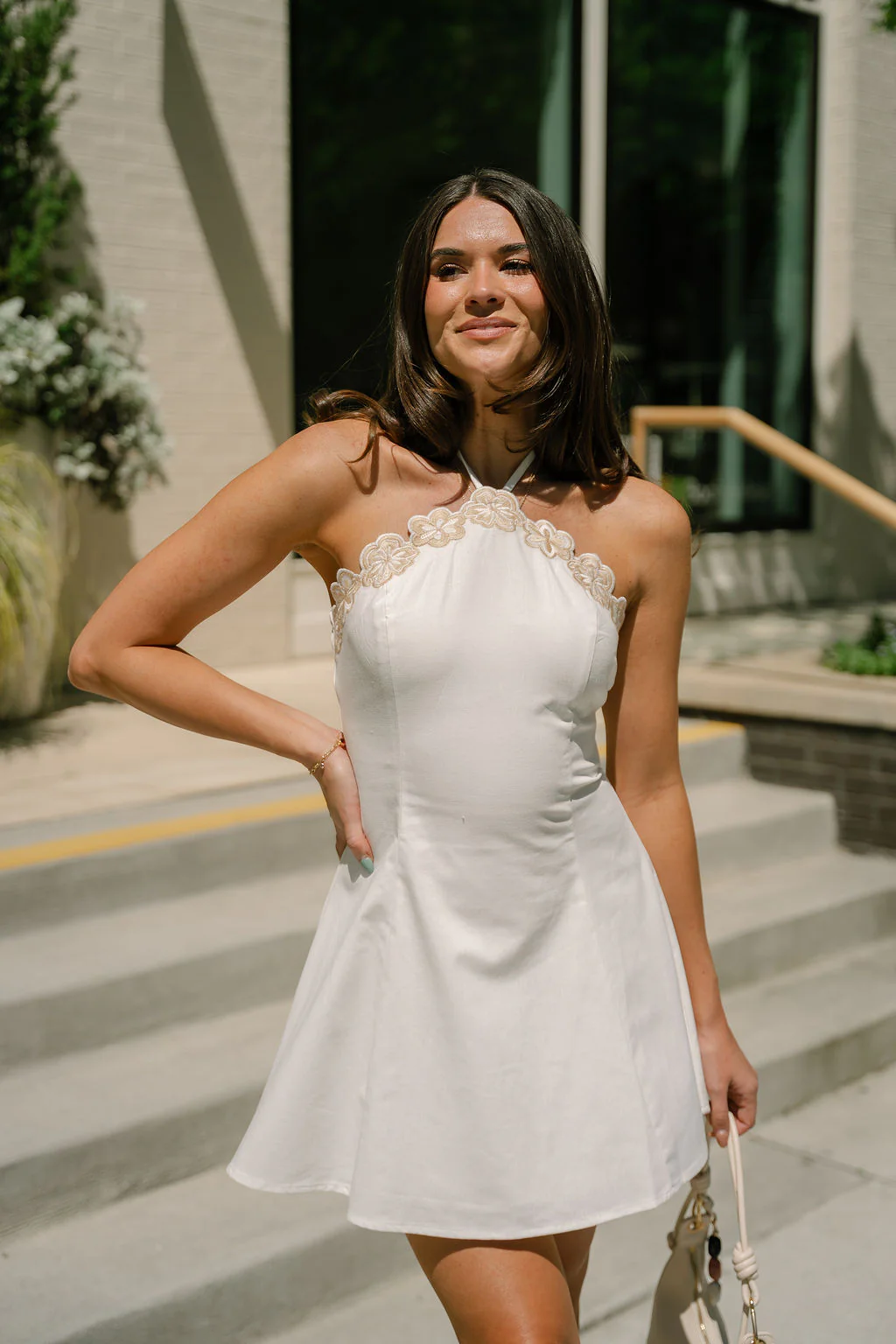 Adley White & Beige Floral Flare Mini Dress - Image 3