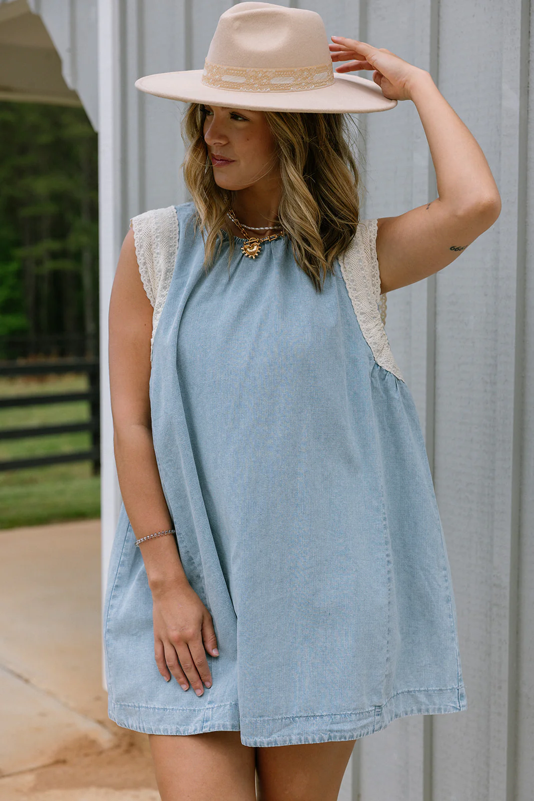Alaina Light Denim & Lace Mini Dress