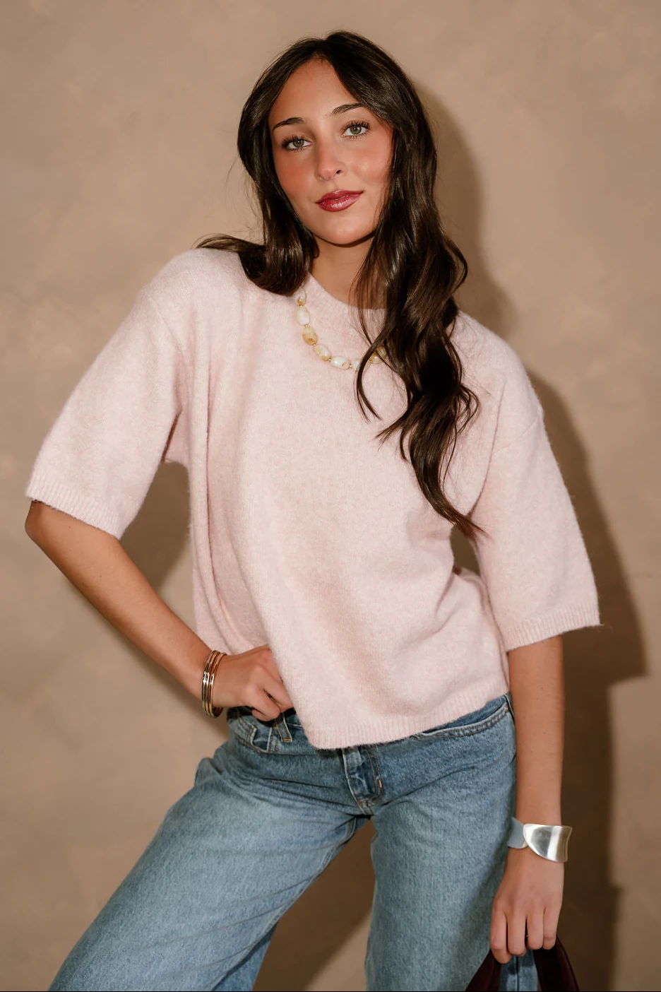 Alaina Light Pink Short Sleeve Sweater