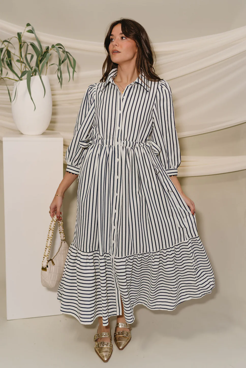 Alaina Navy & Cream Stripe Midi Dress