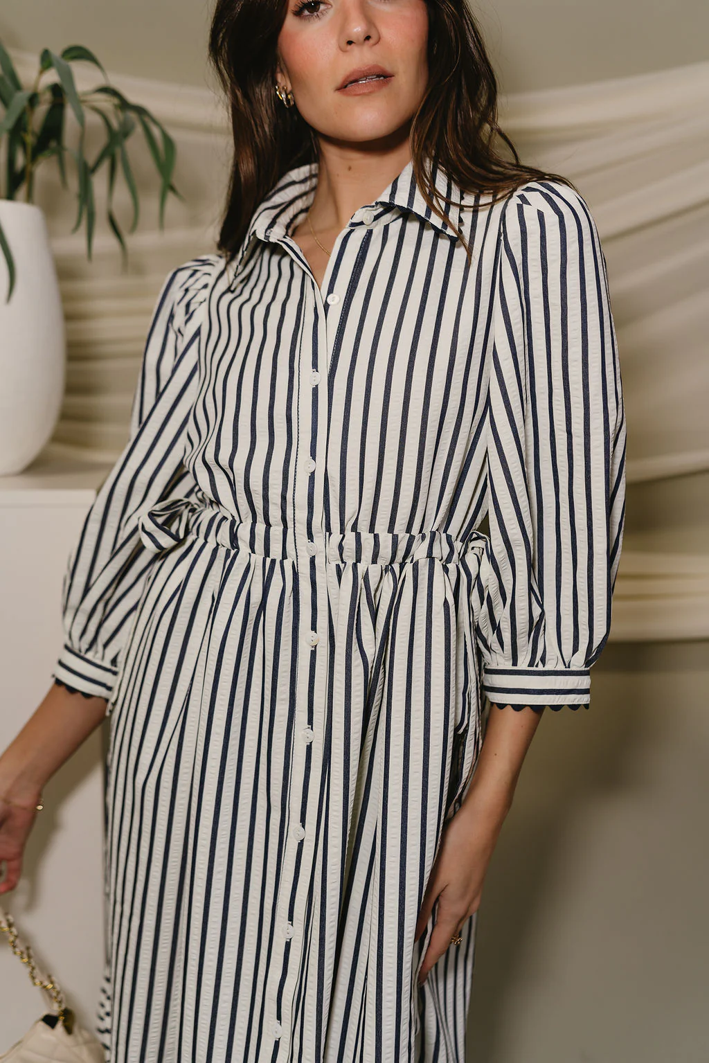 Alaina Navy & Cream Stripe Midi Dress - Image 3