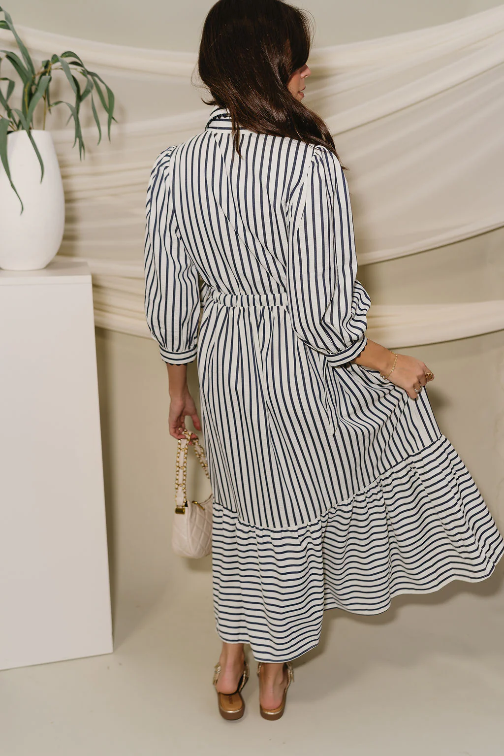 Alaina Navy & Cream Stripe Midi Dress - Image 7