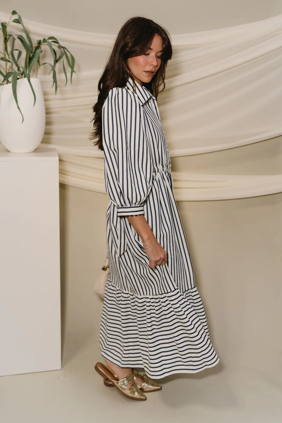 Alaina Navy & Cream Stripe Midi Dress - Image 8