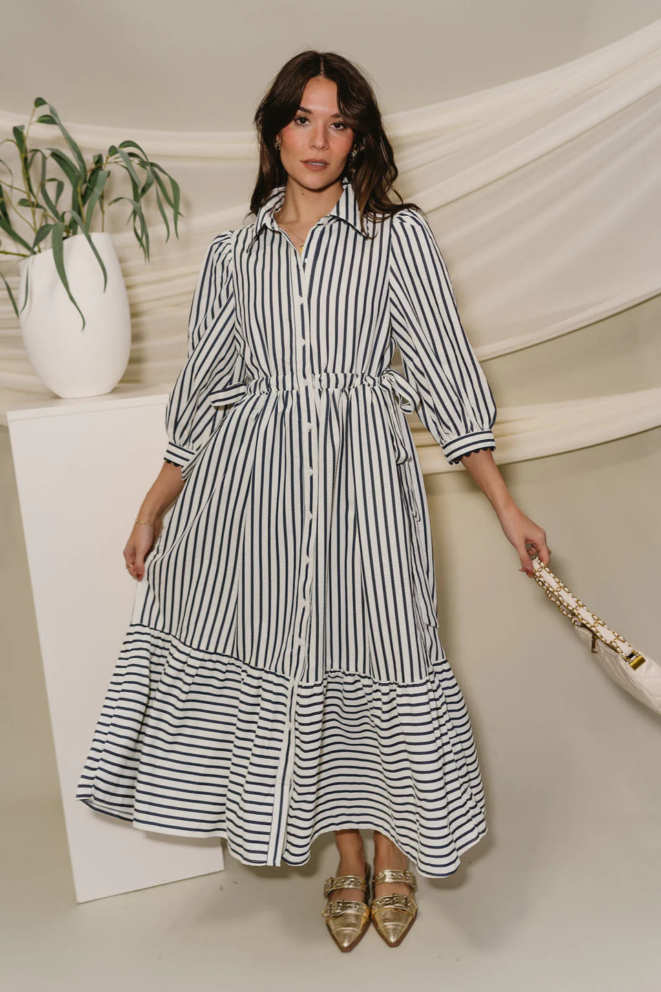 Alaina Navy & Cream Stripe Midi Dress - Image 9