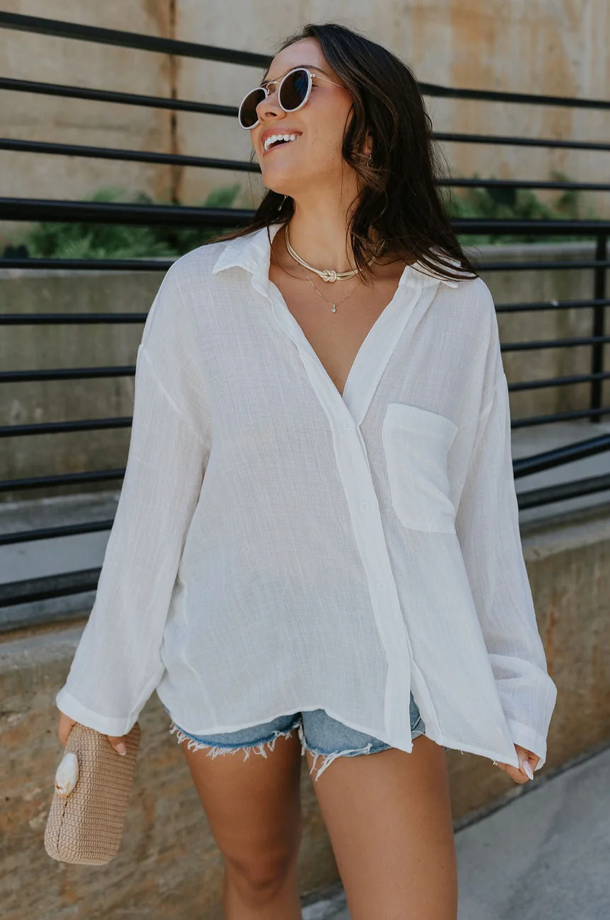 Alaina White Front Button-Up Long Sleeve Top - Image 3