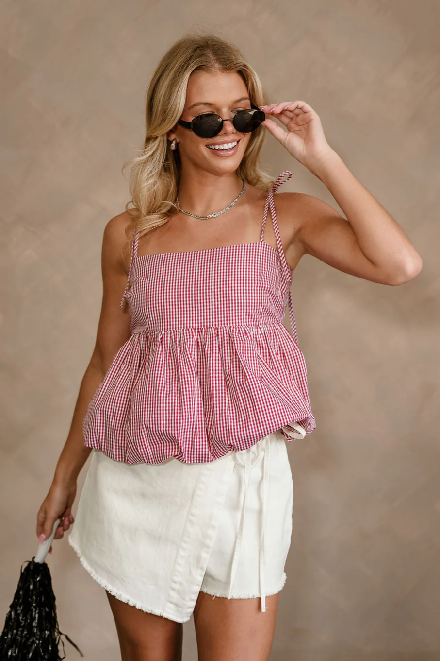 Alana Red & White Gingham Bubble Tank Top