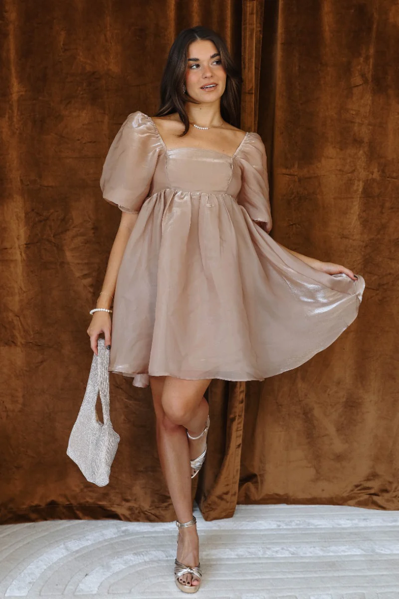 Alana Taupe Gold Shimmer Short Puff Sleeve Mini Dress - Image 2