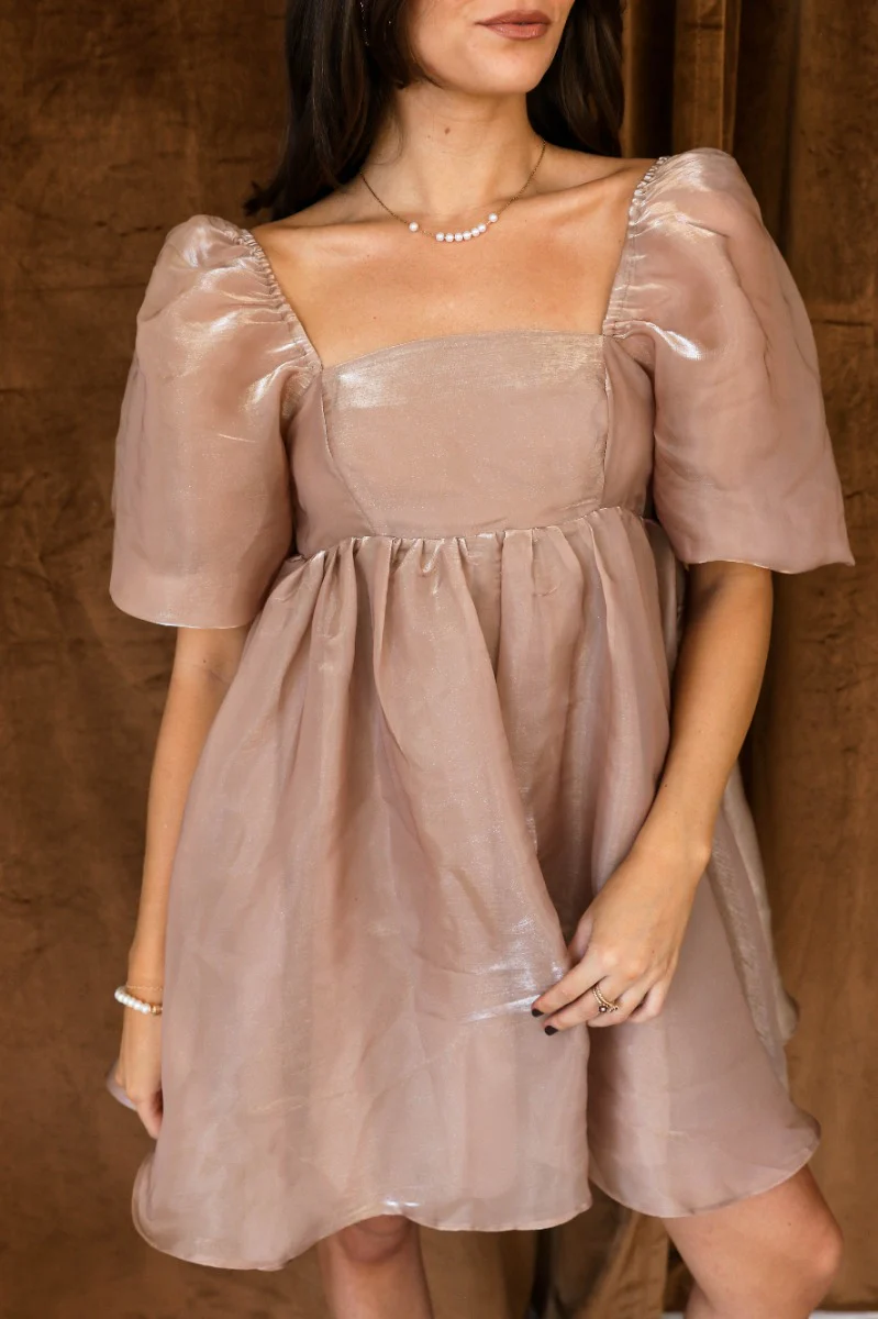 Alana Taupe Gold Shimmer Short Puff Sleeve Mini Dress - Image 4