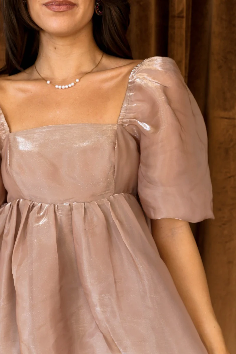 Alana Taupe Gold Shimmer Short Puff Sleeve Mini Dress - Image 5