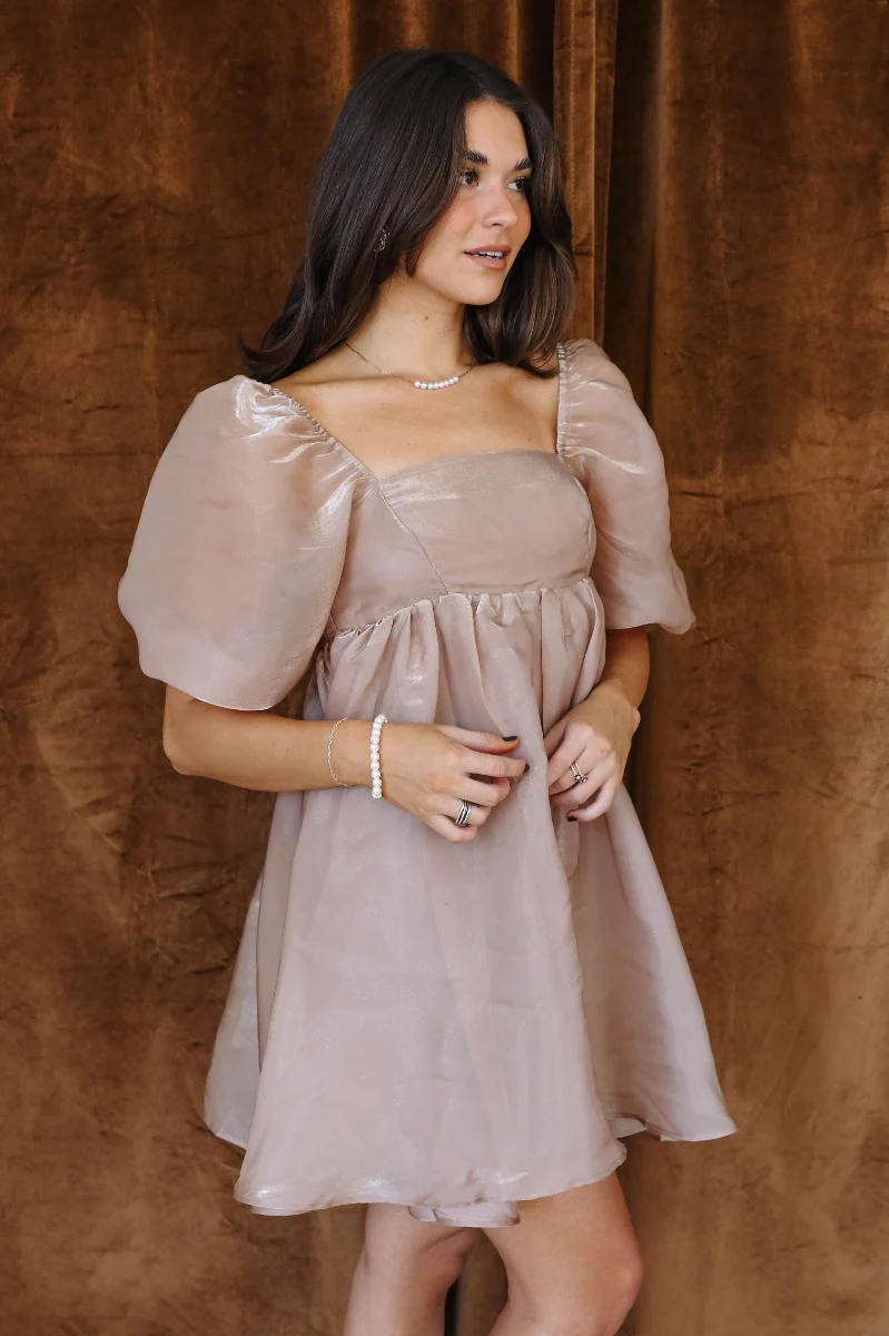 Alana Taupe Gold Shimmer Short Puff Sleeve Mini Dress - Image 7